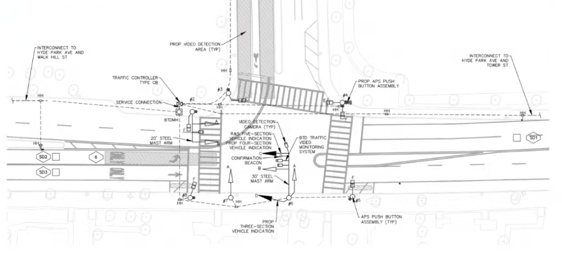 Design in progress for the Hyde Park Avenue and Ukraine Way intersection, showing crosswalks, lane markings, and traffic signal equipment